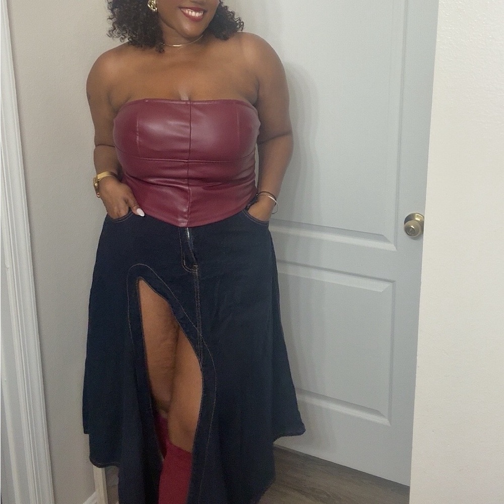 Burgundy Leather Strapless Top